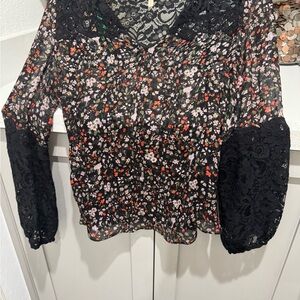 Rebecca Taylor Floral Lace Blouse Black Sheer Boho Romantic Long Sleeve Top